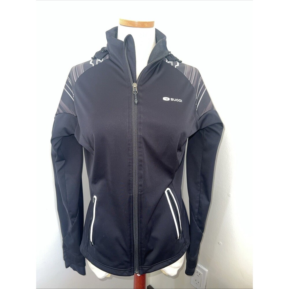 Women’s SUGOI Cycling‎ Jacket Black Gray Striped Softshell Full Zip Hooded Sz M